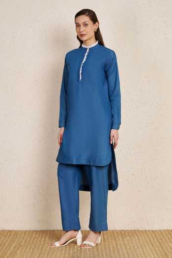 Shop_NUHH_Blue Cotton Mandarin Collar Lace Detailed Minimal Kurta And Pant Set _at_Aza_Fashions