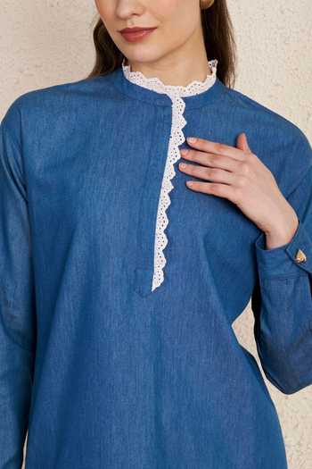 Shop_NUHH_Blue Cotton Mandarin Collar Lace Detailed Minimal Kurta And Pant Set _Online_at_Aza_Fashions