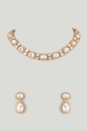 Shop_Namasya_White Stone Embellished Necklace And Earrings Set _at_Aza_Fashions