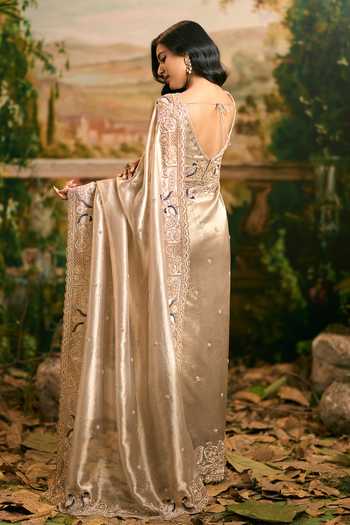 Samyukta Singhania_Gold Tissue Hand Embroidered Saree And Blouse Set _Online_at_Aza_Fashions