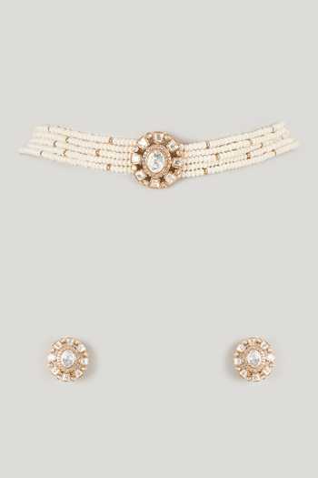 Shop_Namasya_White Beaded Necklace And Earrings Set _at_Aza_Fashions