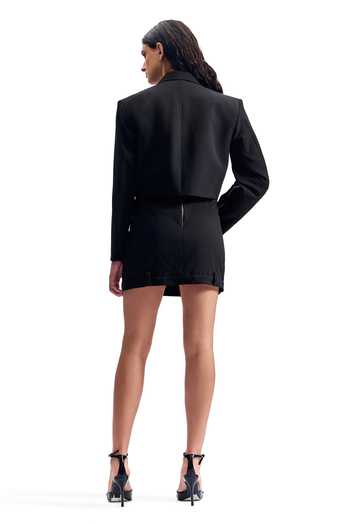 Shop_Cilvr_Black Viscose, Polyester Plunge Neck Cropped Zip Front Blazer And Skirt Set _at_Aza_Fashions
