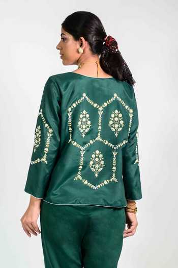Shop_Agraj Jain_Green Silk, Viscose, Bamboo Round Neck Hexagon Pearl Embroidered Top And Pant Set _at_Aza_Fashions