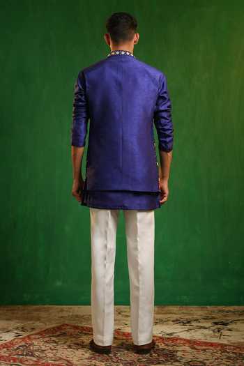 Shop_Ahi Clothing_Blue Silk, Suiting Embroidery, Mirrors Embellished Bundi And Kurta Set _at_Aza_Fashions