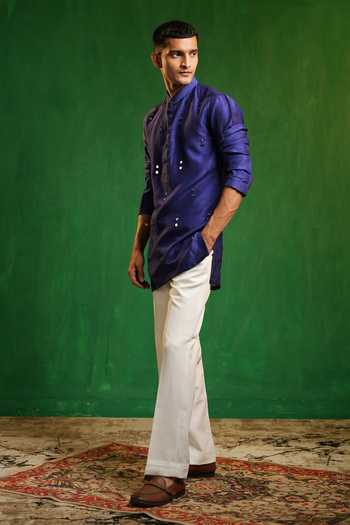 Buy_Ahi Clothing_Blue Silk, Suiting Embroidery, Mirrors Embellished Bundi And Kurta Set _Online_at_Aza_Fashions