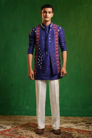 Shop_Ahi Clothing_Blue Silk, Suiting Embroidery, Mirrors Embellished Bundi And Kurta Set _Online_at_Aza_Fashions