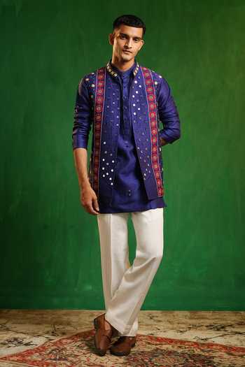 Buy_Ahi Clothing_Blue Silk, Suiting Embroidery, Mirrors Embellished Bundi And Kurta Set _at_Aza_Fashions