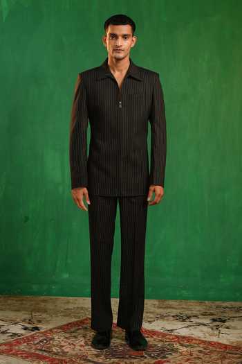 Ahi Clothing_Black Suiting Pinstriped Jacket And Trouser Co-ord Set _Online_at_Aza_Fashions