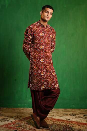 Buy_Ahi Clothing_Maroon Silk, Georgette Patola Print Kurta Salwar Set 