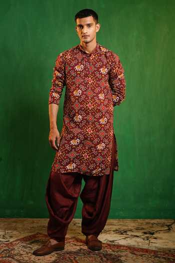 Buy_Ahi Clothing_Maroon Silk, Georgette Patola Print Kurta Salwar Set _at_Aza_Fashions