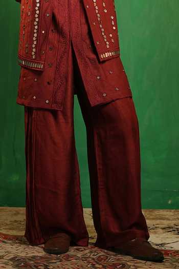 Ahi Clothing_Maroon Silk Mirrors Work Embellished Bundi And Kurta Set _Online_at_Aza_Fashions