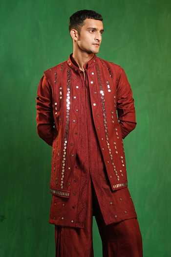 Buy_Ahi Clothing_Maroon Silk Mirrors Work Embellished Bundi And Kurta Set _Online_at_Aza_Fashions