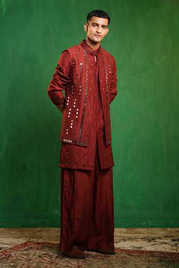 Shop_Ahi Clothing_Maroon Silk Mirrors Work Embellished Bundi And Kurta Set _Online_at_Aza_Fashions