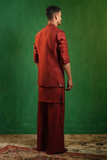 Shop_Ahi Clothing_Maroon Silk Mirrors Work Embellished Bundi And Kurta Set _at_Aza_Fashions