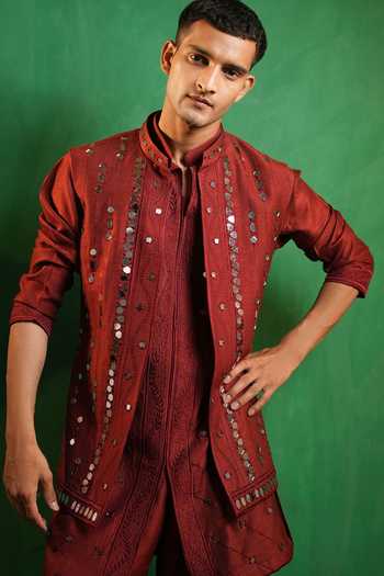 Ahi Clothing_Maroon Silk Mirrors Work Embellished Bundi And Kurta Set _at_Aza_Fashions