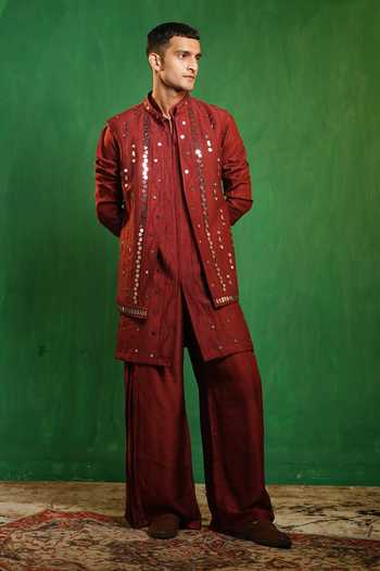 Buy_Ahi Clothing_Maroon Silk Mirrors Work Embellished Bundi And Kurta Set 