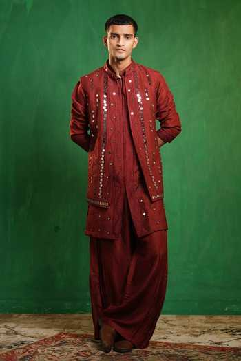 Shop_Ahi Clothing_Maroon Silk Mirrors Work Embellished Bundi And Kurta Set 