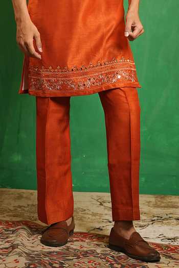 Ahi Clothing_Orange Silk, Organza Mirror Work Embroidered Kurta Set _Online_at_Aza_Fashions