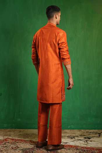 Shop_Ahi Clothing_Orange Silk, Organza Mirror Work Embroidered Kurta Set _at_Aza_Fashions