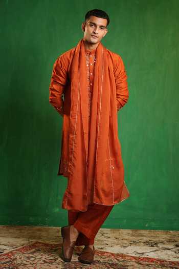 Buy_Ahi Clothing_Orange Silk, Organza Mirror Work Embroidered Kurta Set _Online_at_Aza_Fashions