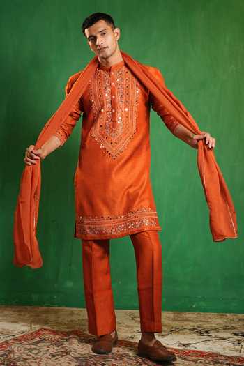 Buy_Ahi Clothing_Orange Silk, Organza Mirror Work Embroidered Kurta Set _at_Aza_Fashions
