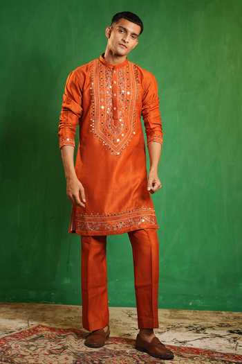 Shop_Ahi Clothing_Orange Silk, Organza Mirror Work Embroidered Kurta Set _Online_at_Aza_Fashions