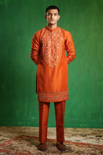 Ahi Clothing_Orange Silk, Organza Mirror Work Embroidered Kurta Set _at_Aza_Fashions