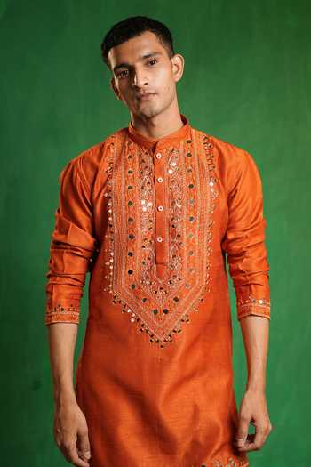 Buy_Ahi Clothing_Orange Silk, Organza Mirror Work Embroidered Kurta Set 