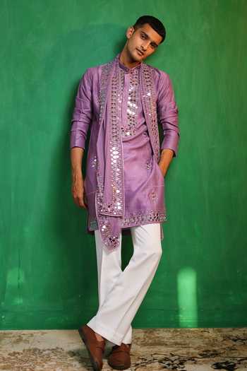 Buy_Ahi Clothing_Purple Silk, Georgette Mirror Work Embroidered Kurta Set _at_Aza_Fashions