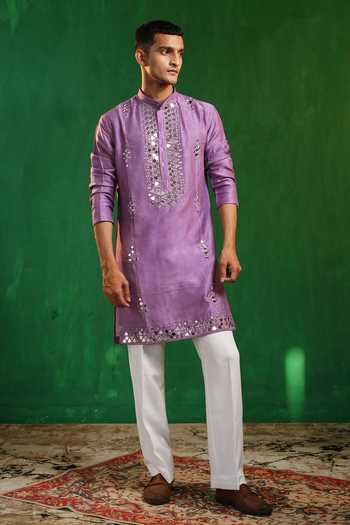 Buy_Ahi Clothing_Purple Silk, Georgette Mirror Work Embroidered Kurta Set _Online_at_Aza_Fashions