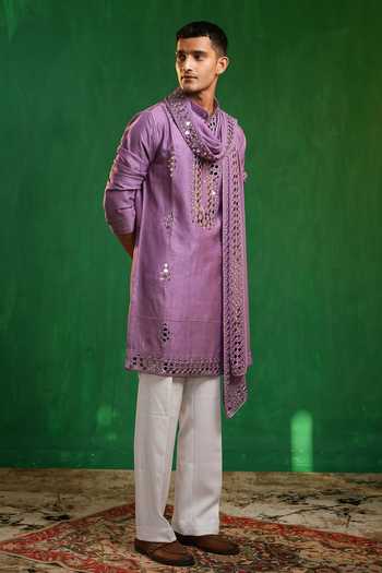 Shop_Ahi Clothing_Purple Silk, Georgette Mirror Work Embroidered Kurta Set _Online_at_Aza_Fashions