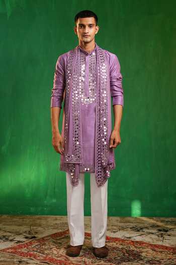 Ahi Clothing_Purple Silk, Georgette Mirror Work Embroidered Kurta Set _at_Aza_Fashions