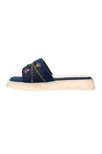 House Of Vitti India_Blue Denim Verse Cushioned Flat Sliders _Online_at_Aza_Fashions