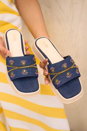 Buy_House Of Vitti India_Blue Denim Verse Cushioned Flat Sliders _Online_at_Aza_Fashions