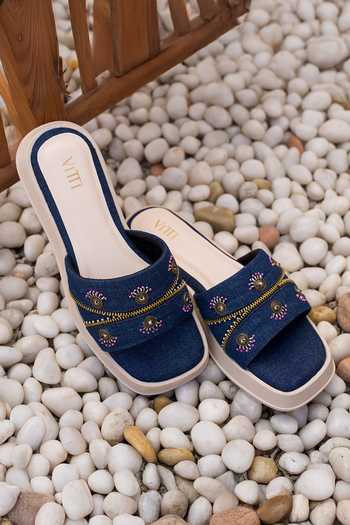 Shop_House Of Vitti India_Blue Denim Verse Cushioned Flat Sliders _Online_at_Aza_Fashions