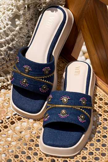 Shop_House Of Vitti India_Blue Denim Verse Cushioned Flat Sliders _at_Aza_Fashions