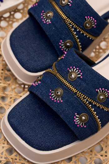 House Of Vitti India_Blue Denim Verse Cushioned Flat Sliders _at_Aza_Fashions