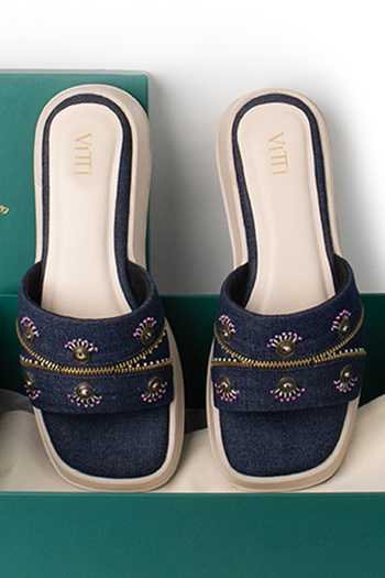 House Of Vitti India_Blue Denim Verse Cushioned Flat Sliders _Online