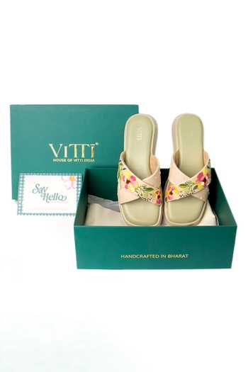 House Of Vitti India_Beige Daisy Mae Colourful Cushioned Flat Sliders _Online_at_Aza_Fashions