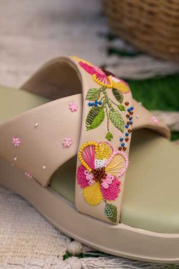 Buy_House Of Vitti India_Beige Daisy Mae Colourful Cushioned Flat Sliders _Online_at_Aza_Fashions