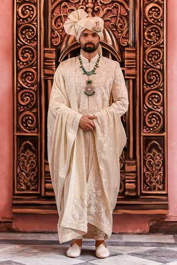 Buy_Yajy By Aditya Jain_Ivory Silk Subhra Mayur Embroidered Sherwani Set _at_Aza_Fashions