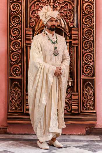 Buy_Yajy By Aditya Jain_Ivory Silk Subhra Mayur Embroidered Sherwani Set _Online_at_Aza_Fashions