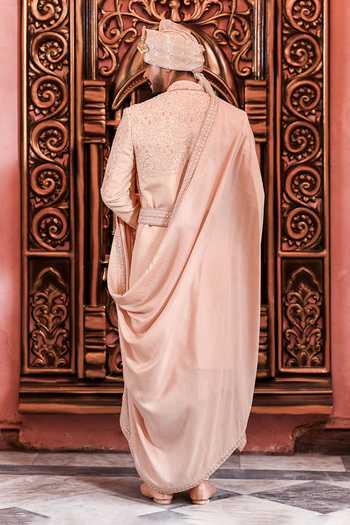 Shop_Yajy By Aditya Jain_Rose Gold Silk Shahi Boishakh Embroidered Sherwani Set _at_Aza_Fashions