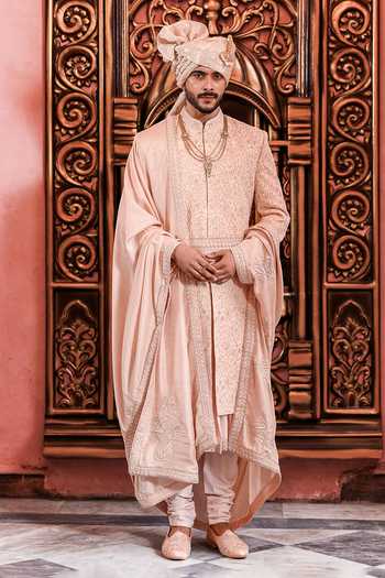 Buy_Yajy By Aditya Jain_Rose Gold Silk Shahi Boishakh Embroidered Sherwani Set _Online_at_Aza_Fashions