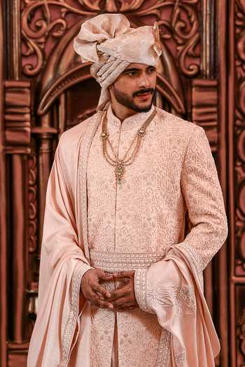 Yajy By Aditya Jain_Rose Gold Silk Shahi Boishakh Embroidered Sherwani Set _at_Aza_Fashions