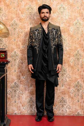 Buy_Yajy By Aditya Jain_Black Suiting Shahi Mehfil Embroidered Jacket And Kurta Set 
