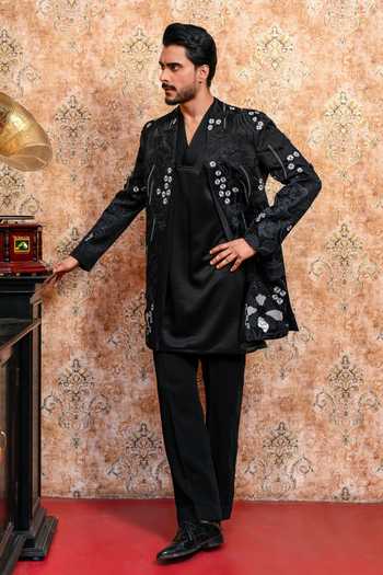 Yajy By Aditya Jain_Black Suiting Baishakhi Sahi Embroidered Jacket And Kurta Set _Online