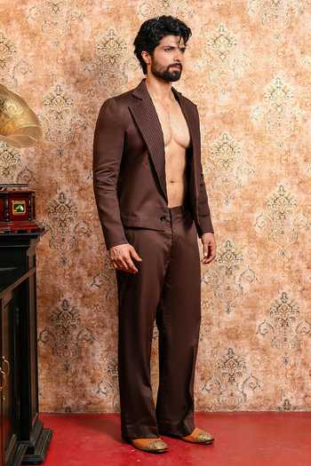 Shop_Yajy By Aditya Jain_Brown Cotton Charulata Cropped Tuxedo Jacket And Pant Set _Online_at_Aza_Fashions