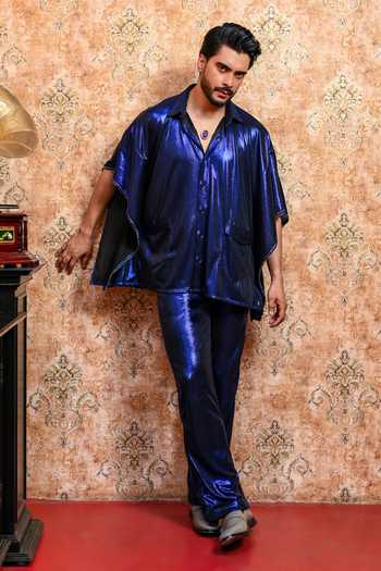 Shop_Yajy By Aditya Jain_Blue Spandex Neelanjana Sequin Kaftan And Pant Co-ord Set _at_Aza_Fashions