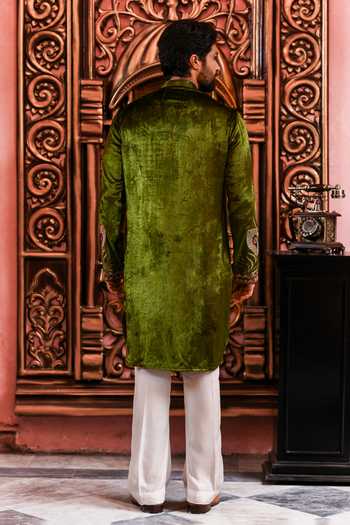 Shop_Yajy By Aditya Jain_Olive Green Velvet Mayur Utsav Peacock Embroidered Kurta And Pant Set _at_Aza_Fashions
